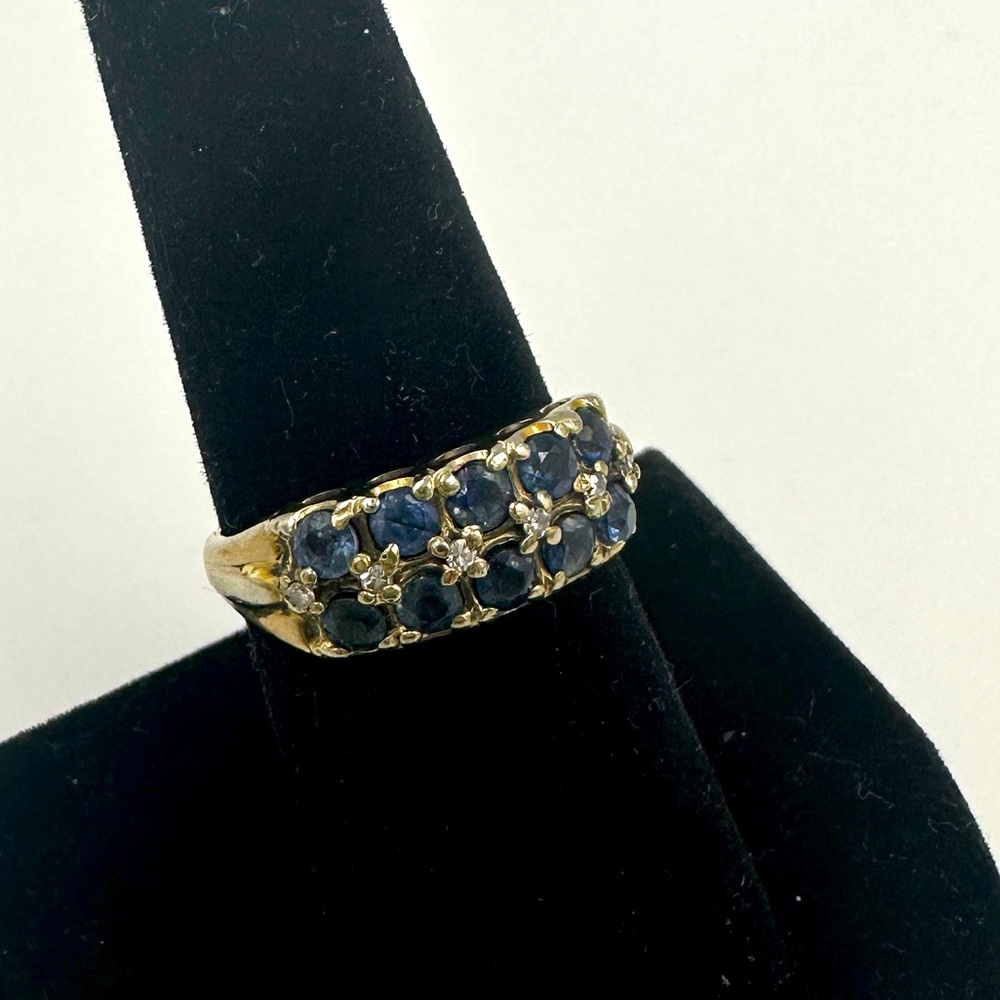 SOLD! 14k Yellow Gold Ring with 2 Rows of 5 Sapphires each & 6 Natural Diamonds - Picture 3 of 7